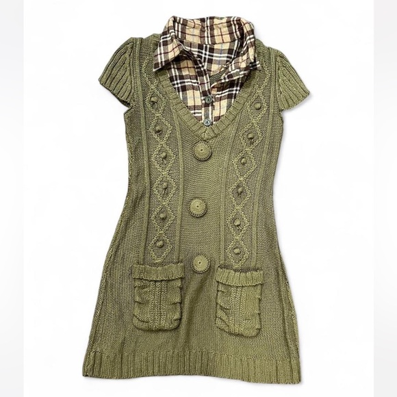 Dresses & Skirts - Green Knit Dress With Plaid Collar And Pockets